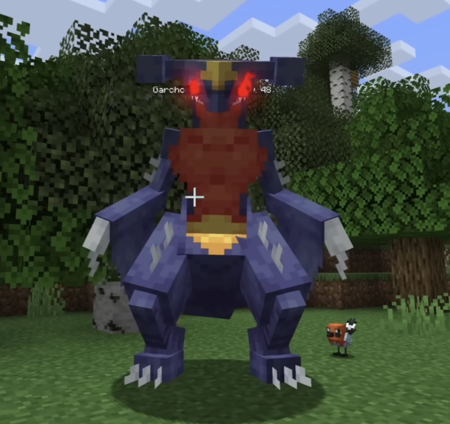 Alpha Garchomp in Cobblemon 1.8 with large size and glowing eyes