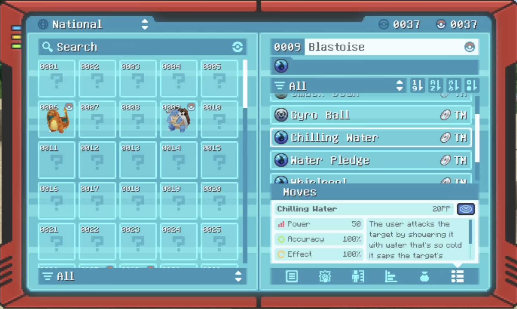 Cobblemon 1.8 Move Dex tab in the Pokédex showing learnable moves
