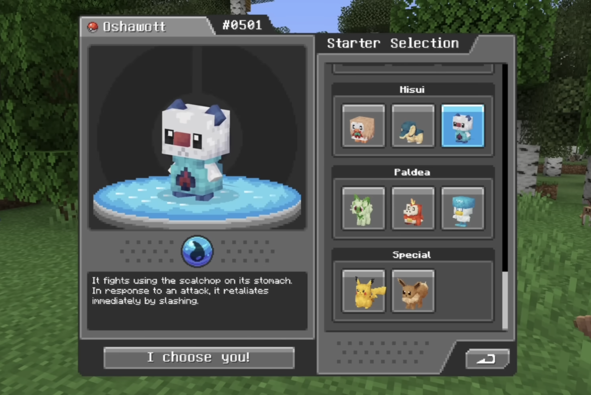 Cobblemon 1.8 redesigned starter selection screen with Pikachu, Eevee, and regional options